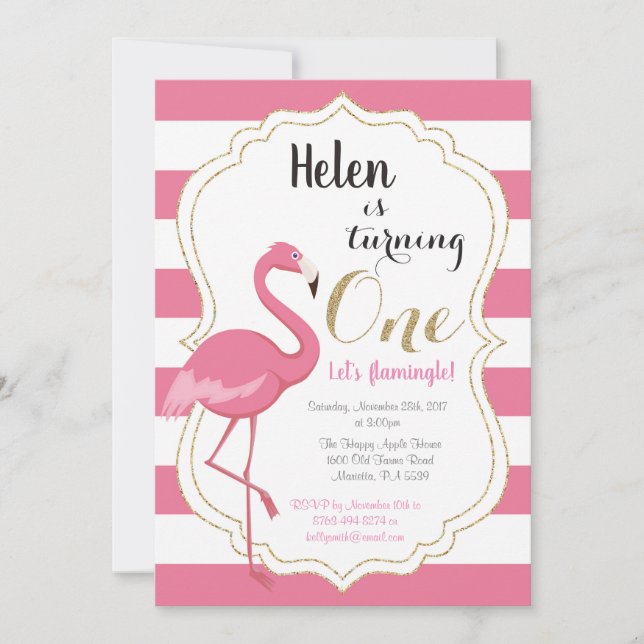 Flamant rose Premier anniversaire Invitation fille (Devant)