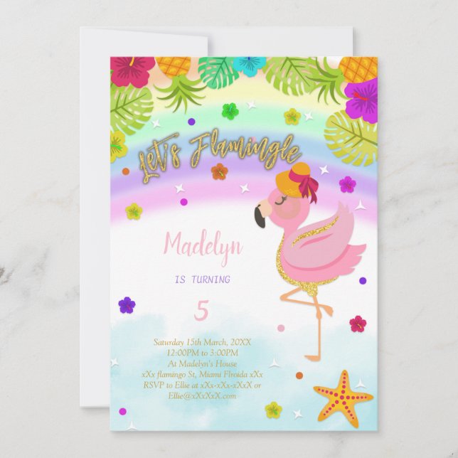 Flamant rose Rainbow invitation anniversaire (Devant)