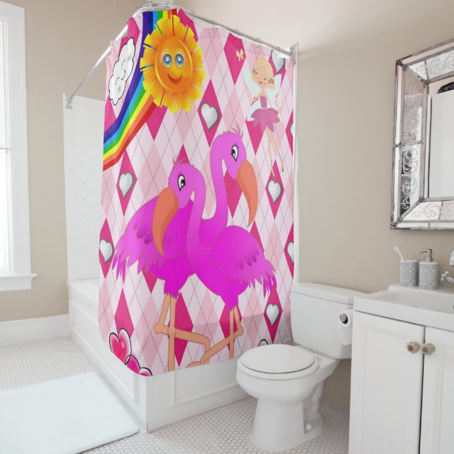 Flamant rose rideau de douche Fairy Sun Rainbow (En situation)