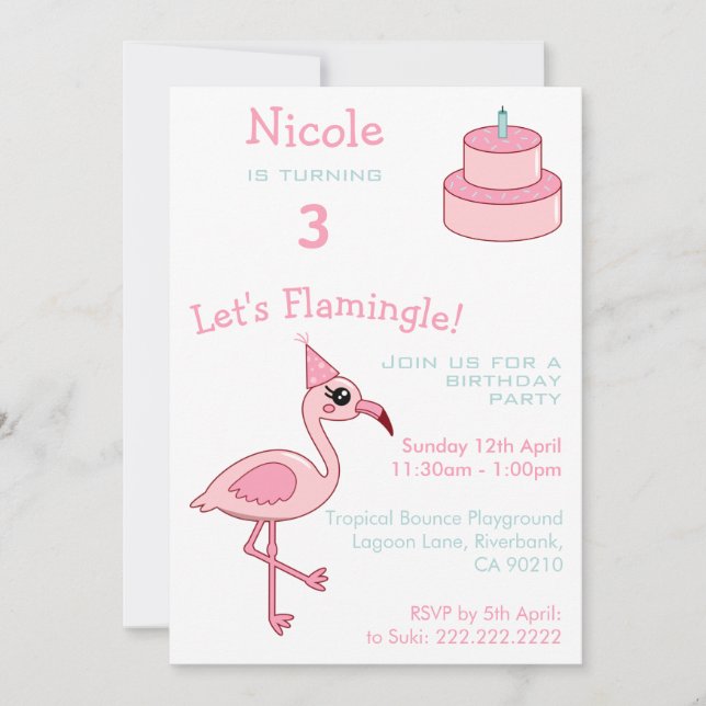 Flamant rose rose 3e anniversaire Invitation de fê (Devant)