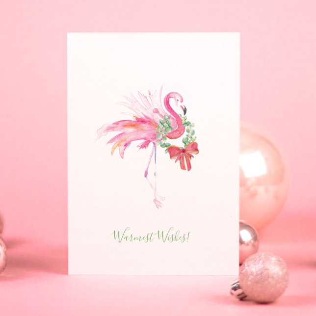 Flamant rose rose avec Wreath Beach Carte de Noël (Christmas cards Florida beach watercolor pink flamingo by artist Victoria Grigaliunas)