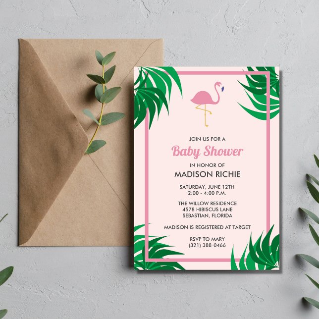 Flamant rose rose Baby shower tropical Invitation (Créateur téléchargé)