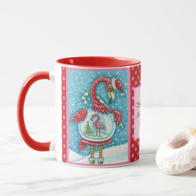 Flamant rose ROSE, BLANC NOËL SNOWGLOBE COMBO MUG (Avec donut)