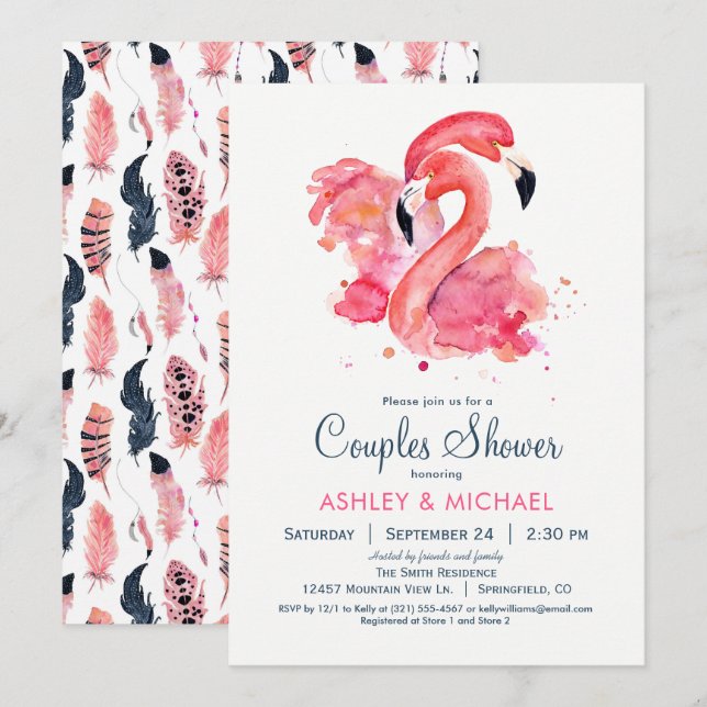 Flamant rose rose Chic Couples Douche Invitation (Devant / Derrière)