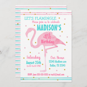Flamant rose rose d'aquarelle Invitation d'anniver