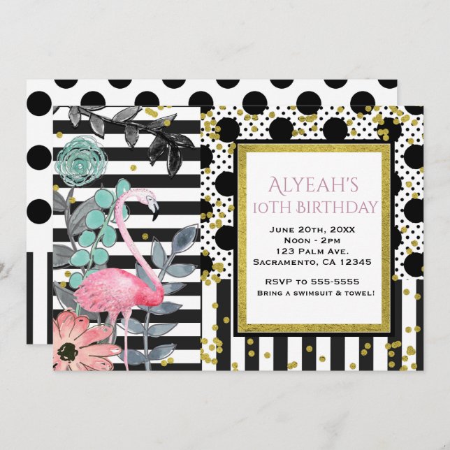 Flamant rose rose d'été Poka Dot Party Invitations (Devant / Derrière)