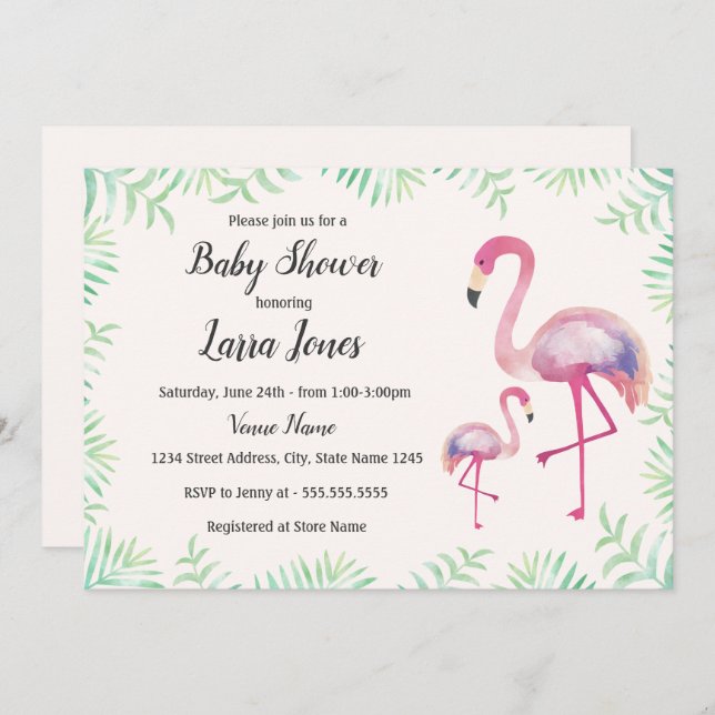 Flamant rose rose doux Invitation Baby shower fill (Devant / Derrière)