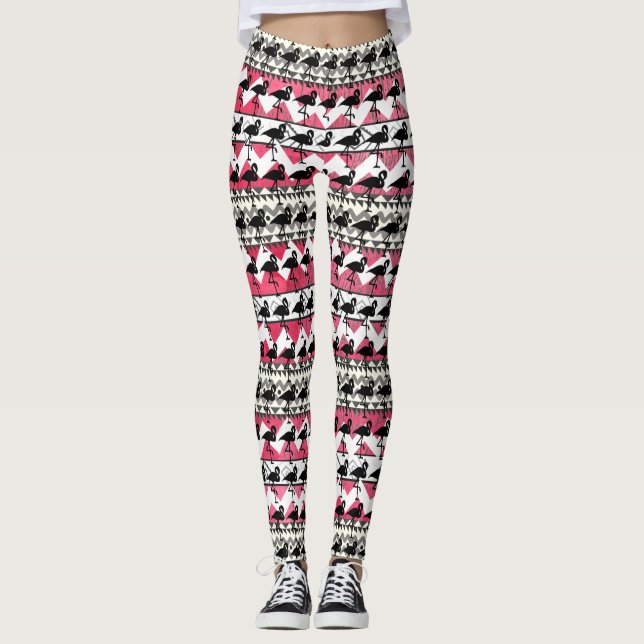 Flamant rose rose et noir Aztec Motif Leggings (Devant)