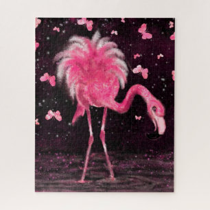 Flamant rose rose et papillons Puzzle