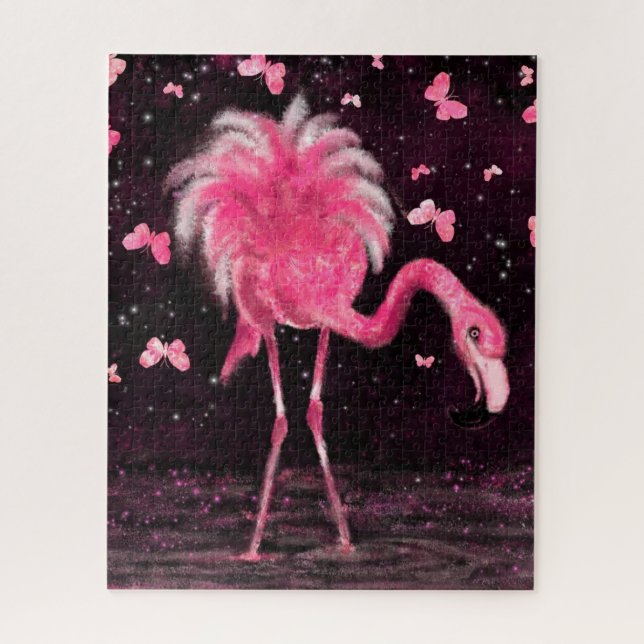Flamant rose rose et papillons Puzzle (Vertical)