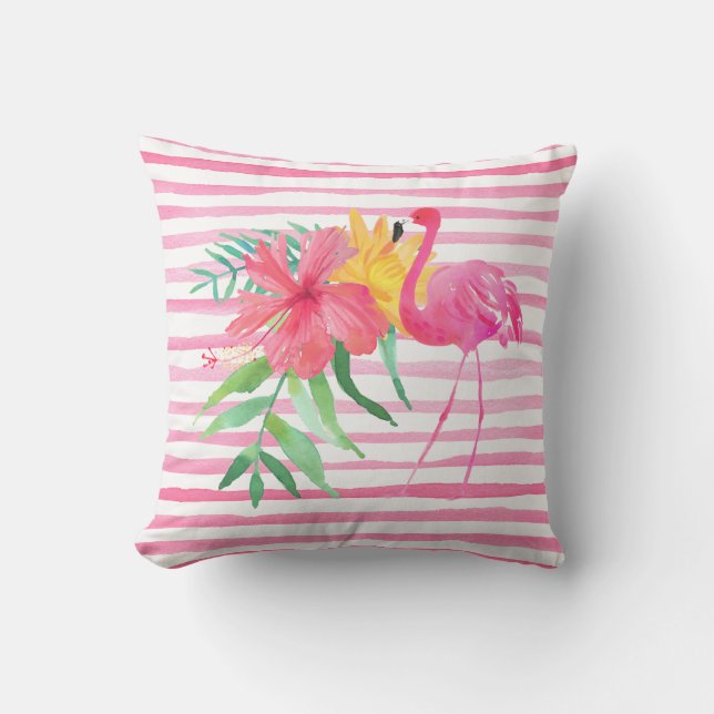 Flamant rose rose Fleurs tropicales Coussin extéri (Recto)