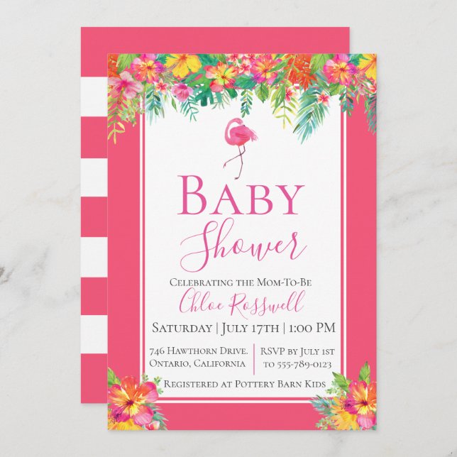 Flamant rose rose Floral Invitation Baby shower (Devant / Derrière)