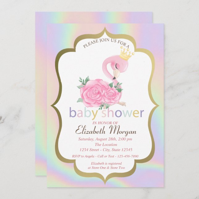 Flamant rose rose, Invitation Baby shower holograp (Devant / Derrière)