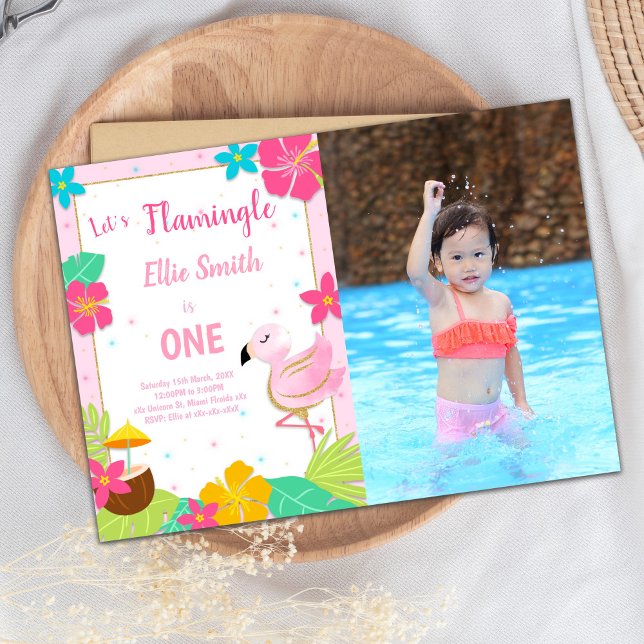Flamant rose rose Invitations d'anniversaire avec  (Pink Flamingo Birthday Invitations with photo)