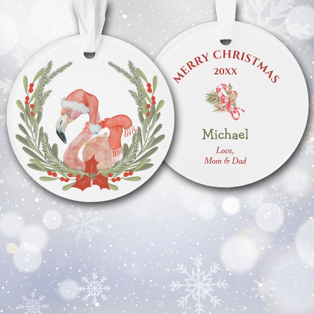 Flamant rose rose Père Noël Wreath Kids Ornement (Créateur téléchargé)