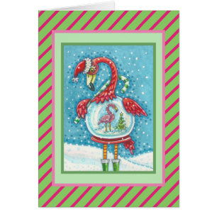 Flamant rose ROSE SNOWGLOBE, CARTE DE SALUT DE NOË