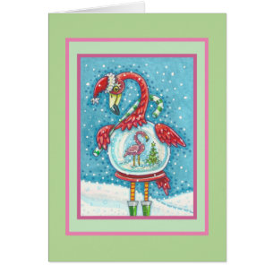 Flamant rose ROSE SNOWGLOBE, NOËL CARTE DE SALUT B