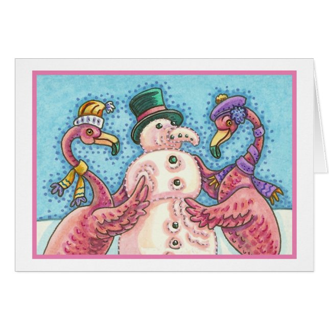 Flamant rose ROSE SNOWMAN, NOËL CARTE DE SALUT B (Devant Horizontal)