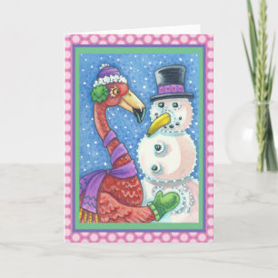 Flamant rose ROSE SNOWMAN VACANCES CARTE DE REMERC