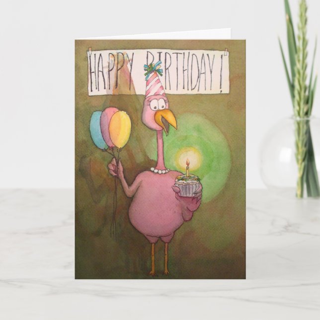 Flamant rose rose Whimsical Bonne carte d'annivers (Devant)