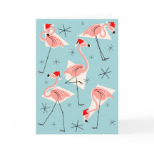 Flamant rose Santas bleu carte de voeux portrait
