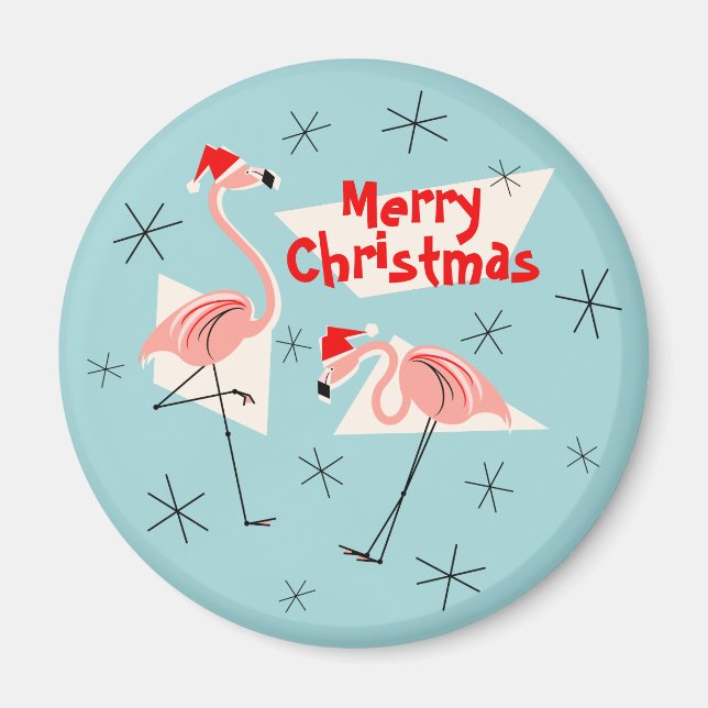 Flamant rose Santas Bleu Joyeux aimant Noël rond (Devant)