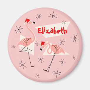 Flamant rose Santas Pink Nom aimant rond