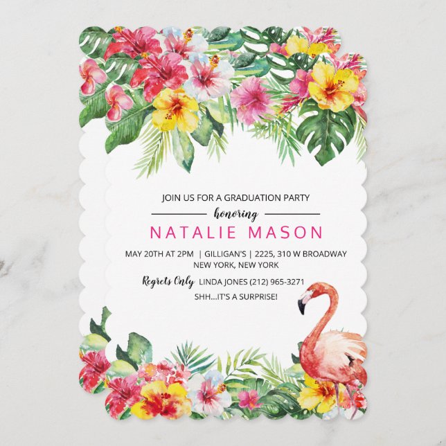 Flamant rose tropical Graduation Party Invitation (Devant / Derrière)