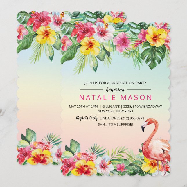 Flamant rose tropical Graduation Party Invitation (Devant / Derrière)
