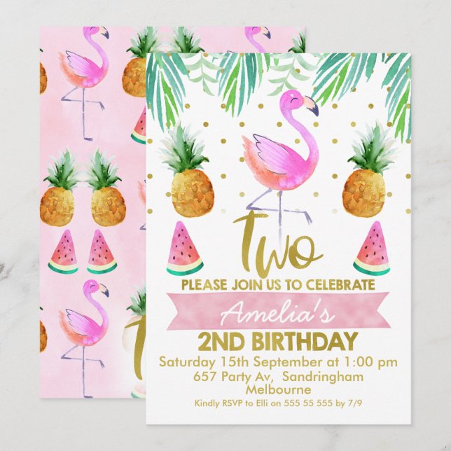 Flamant rose tropical Invitation de 2e anniversair (Devant / Derrière)