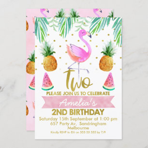 Flamant rose tropical Invitation de 2e anniversair
