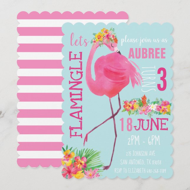 Flamant rose tropical Invitation de fête d'anniver (Devant / Derrière)