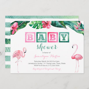 Flamant rose tropical Invitations de Baby shower,