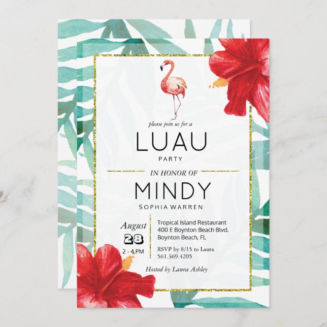 Flamant rose tropical Palm Luau Party Invitation (Devant / Derrière)