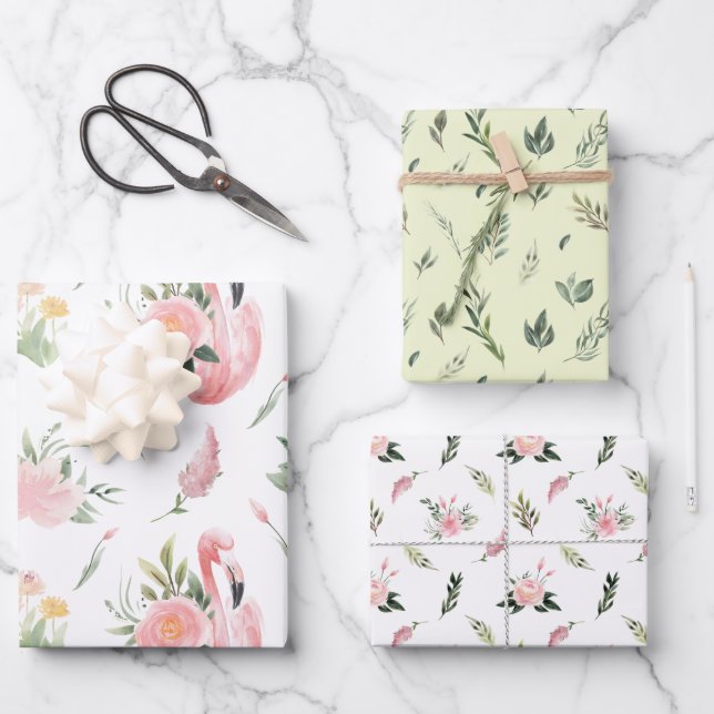 Flamants roses et fleurs Envelopper les feuilles d (Recto)