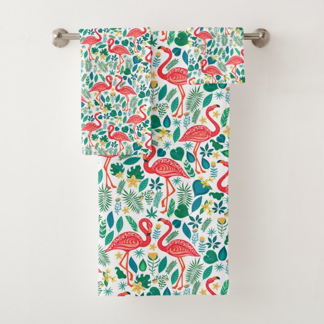 Flamants roses et motif de fleurs tropicales (En situation)