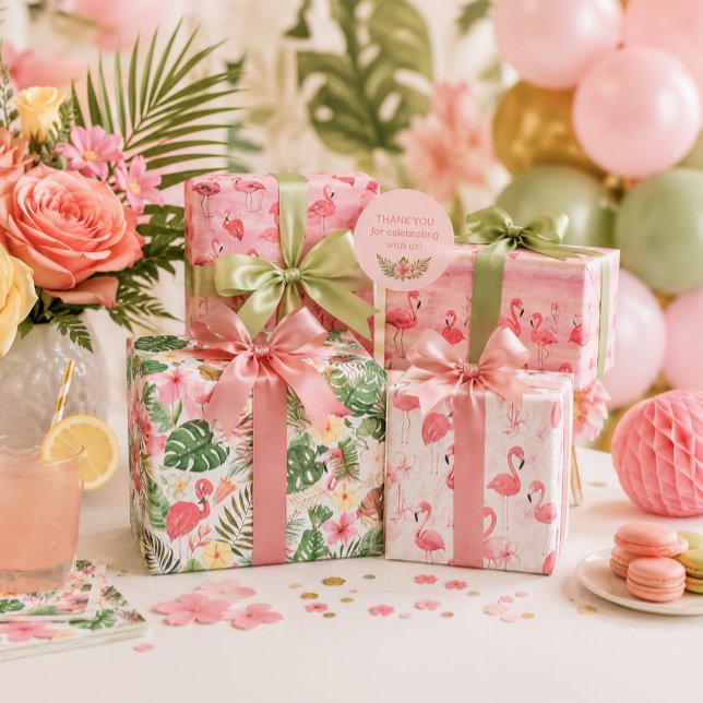 Flamants roses feuilles tropicales  (Tropical flamingo wrapping paper-3 sheets )
