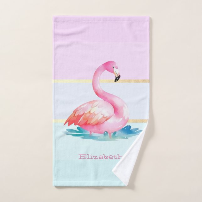 Flamants roses pastel moderne rayé (Serviette à main)