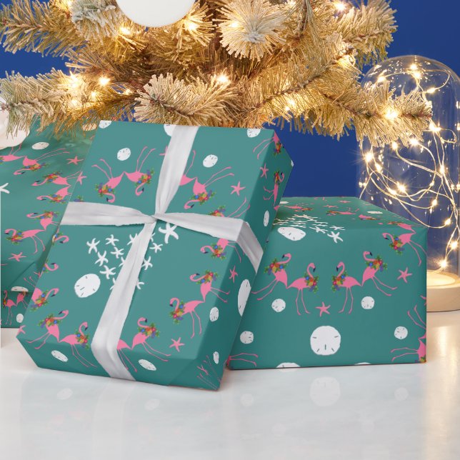 Flamants roses Plage Arbre de Noël Papier cadeau b (Vacances)