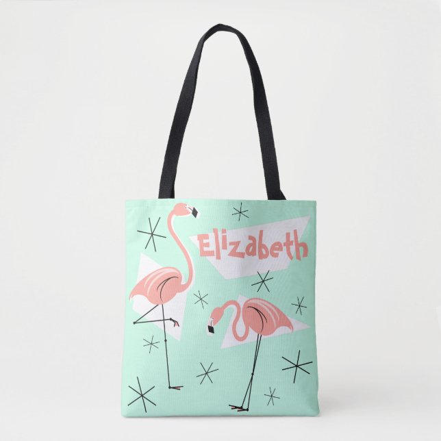 Flamants roses Retro Green Nom sur tout le sac fou (Devant)