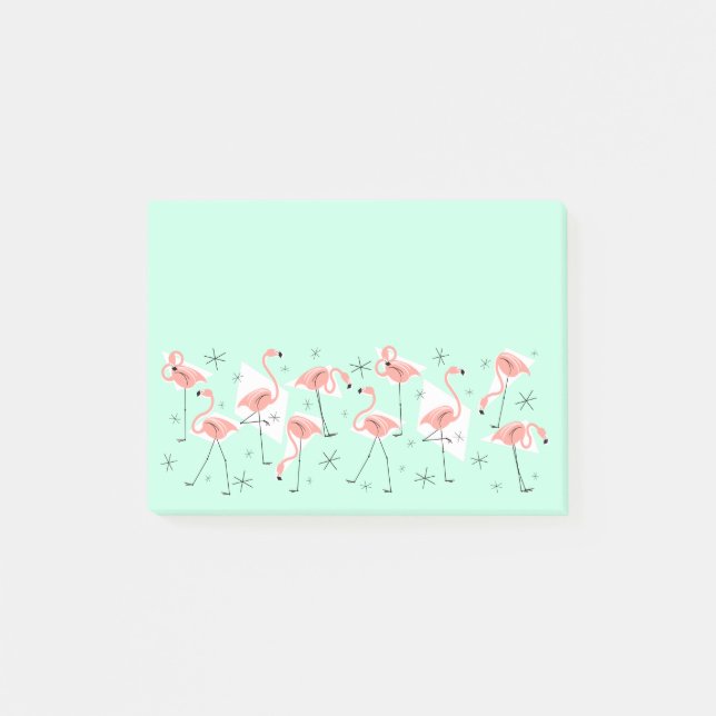 Flamants roses Retro Green Wide post-it note (Devant)