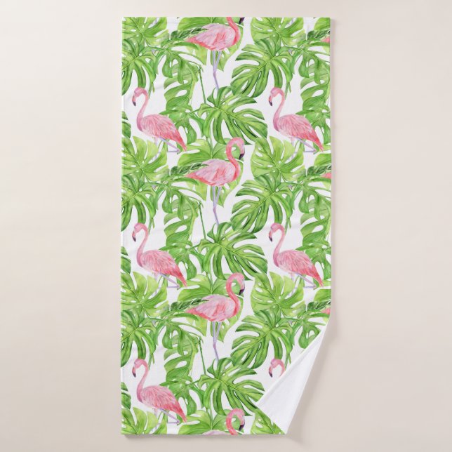 Flamants roses roses en feuillage tropical sur bla (Serviette de bain)