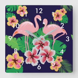 Flamants roses roses et horloge murale tropicale