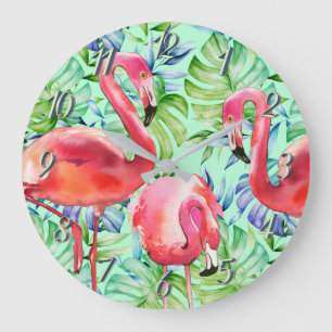 Flamants roses roses et horloge tropicale de