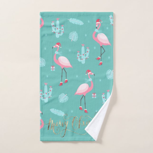 Flamants roses Santa Hat présente des flocons de n (Serviette à main)