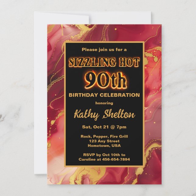 Flaming rouge et or Hot 90th Birthday Invitation (Devant)