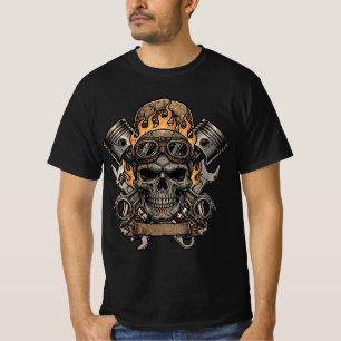 Flaming Skull Pistons - T-shirt de Garage de Mécan