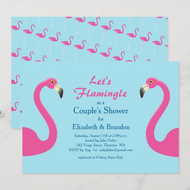 Flamingle Couple's Douche Invitation bleu clair (Devant / Derrière)
