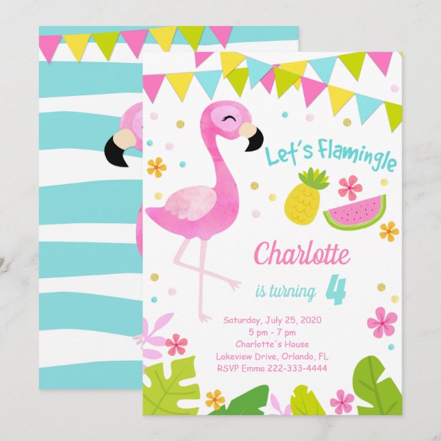 Flamingle Flamant rose Anniversaire Invitation (Devant / Derrière)