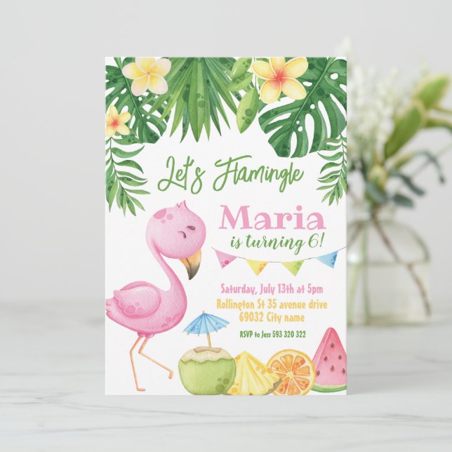 Flamingle Flamant rose Anniversaire Invitation (Debout devant)